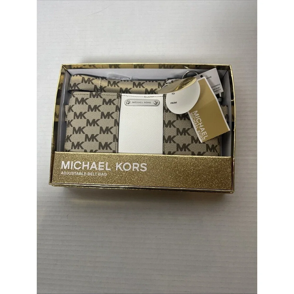 NEW Michael Kors‎ Belt Bag MK Logo Brown Gift Set Size S/M Adjustable
